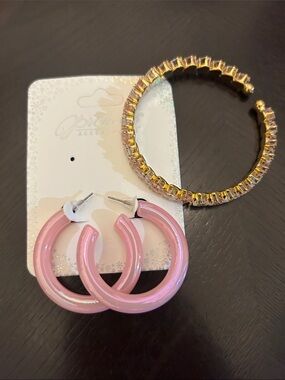 Pink Hoop Earrings and Gold Crystal Bangle Set - Women Jewelry